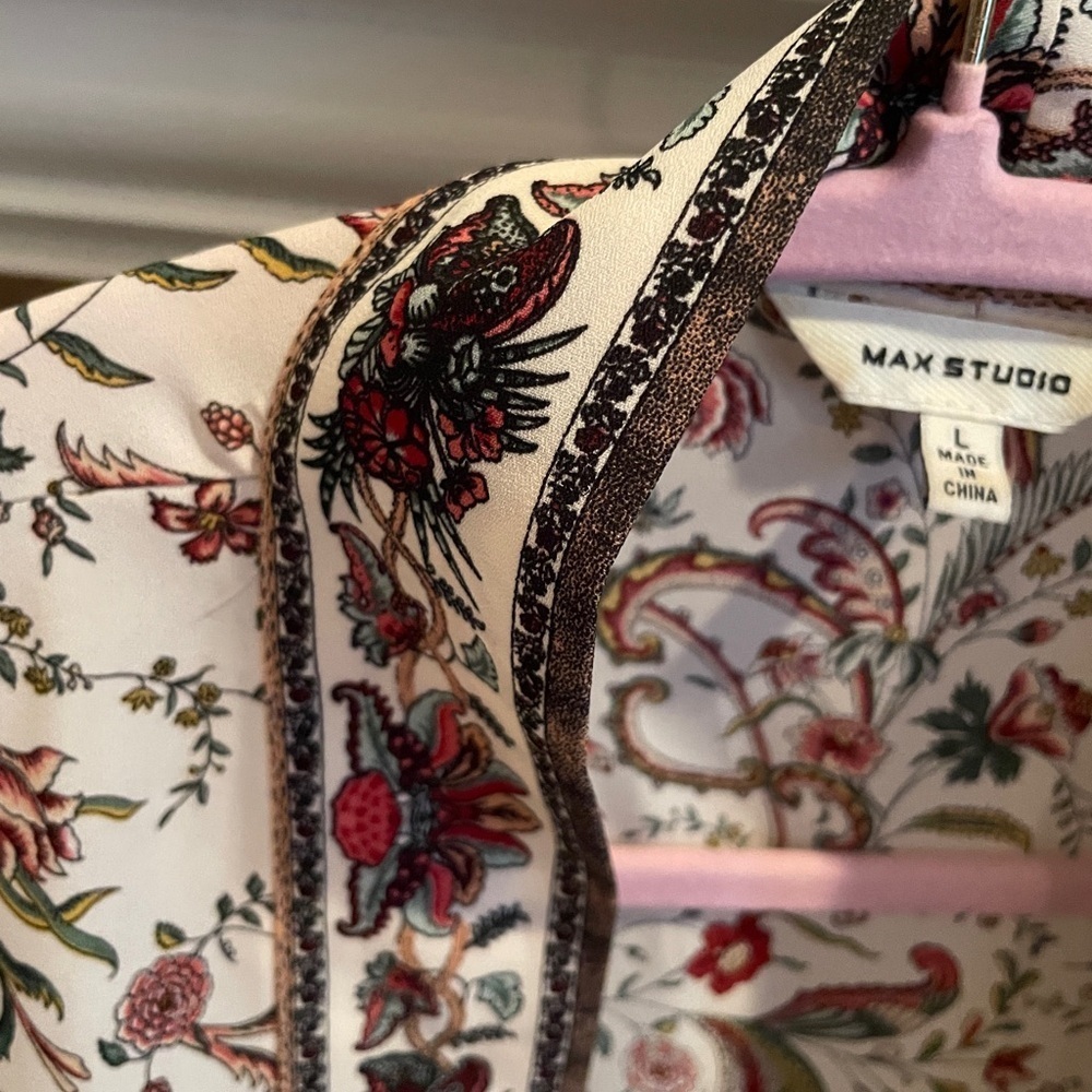 NWOT Max Studio Cream Sage Green Burgundy Paisley Floral Kimono Cardigan L - Picture 6 of 9